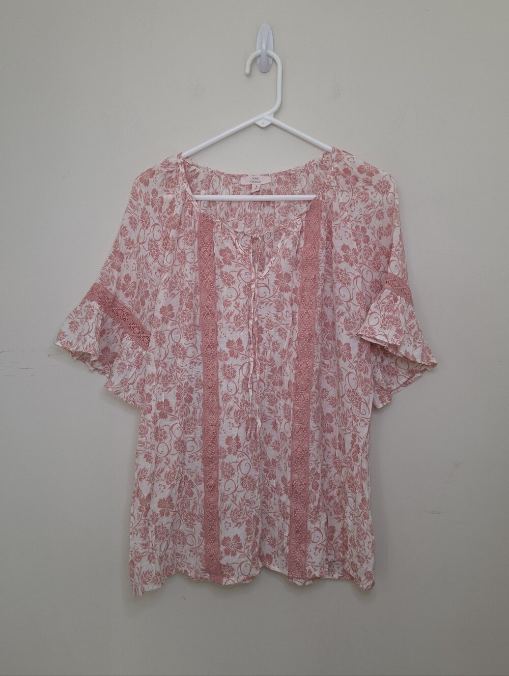 Women's Como Vintage Pink Floral Print Ruffle Sleeve Top Sz Large